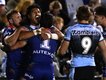 An early try from Dallin Watene-Zelezniak (second left) set the tone for the Warriors' win.  (Dan Himbrechts/AAP PHOTOS)