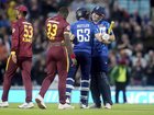 England's Jos Buttler and Harry Brook embrace after winning the third ODI against the West Indies. (AP PHOTO)